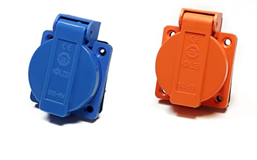 8 Stück/Einbausteckdose Schuko Steckdose 16A mit IP54 / + Flansch Dichtung (4xBlau / 4xOrange) von HOLZER