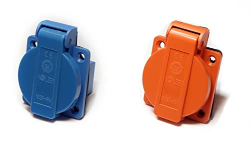 HOLZER 8 Stück/Einbausteckdose Schuko Anbau Steckdose 16A Feuchtraum / PA6 / + Flansch Dichtung (4xBlau / 4xOrange) von HOLZER