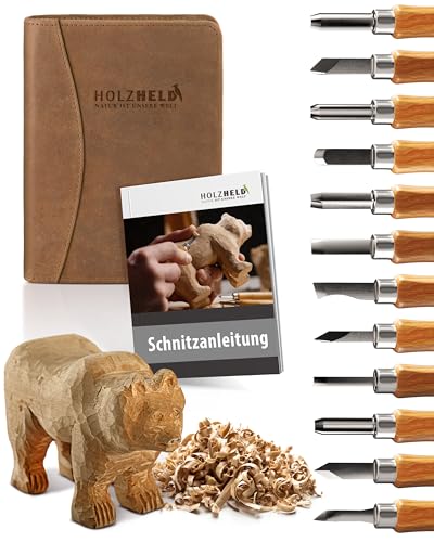 HOLZHELD Schnitzwerkzeug -Set (16-teilig) in hochwertig verarb. Ledertasche. Schnitzset mit hochwertigen Schnitzmessern zum Schnitzen inkl. Anleitung von HOLZHELD