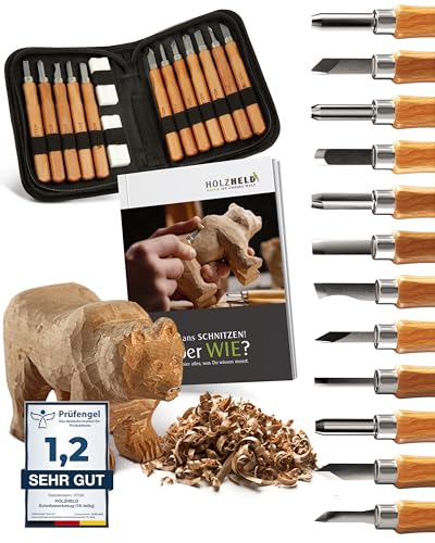 HOLZHELD Schnitzwerkzeug Set (16-teilig) mit Anleitung für 1 Schnitzprojekt - 12 hochwertige Schnitzmesser zum Schnitzen mit prakt. Werkzeugtasche von HOLZHELD
