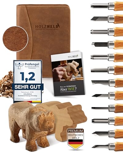 HOLZHELD Schnitzwerkzeug und Schnitzrohling (17-teilig) in sehr edler Ledertasche. Inkl. Anleitung zum Schnitzen & gr. Holzrohling aus Lindenholz. von HOLZHELD