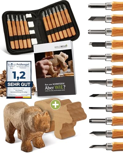 HOLZHELD Schnitzwerkzeug und Schnitzrohling (17-teilig) mit Anleitung für 1 Schnitzprojekt & Holzrohling aus Lindenholz -12 hochwertige Schnitzmesser von HOLZHELD