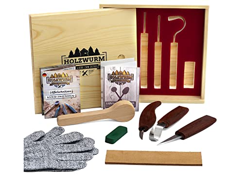 HOLZWURM Schnitzmesser Set in Holzbox inkl Holzrohling, Anleitung & Schnittschutzhandschuhe - umfangreiches Schnitzwerkzeug-Set zum Schnitzen von HOLZWURM