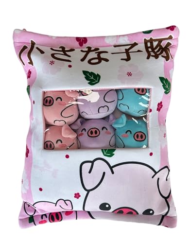 Homadict Japan Bag Kissen mit 6 Piggy Plüsch im Inneren – weiches und Flauschiges Kissen – 40 x 33 cm – Geschenkidee für Kinder von HÔMADICT