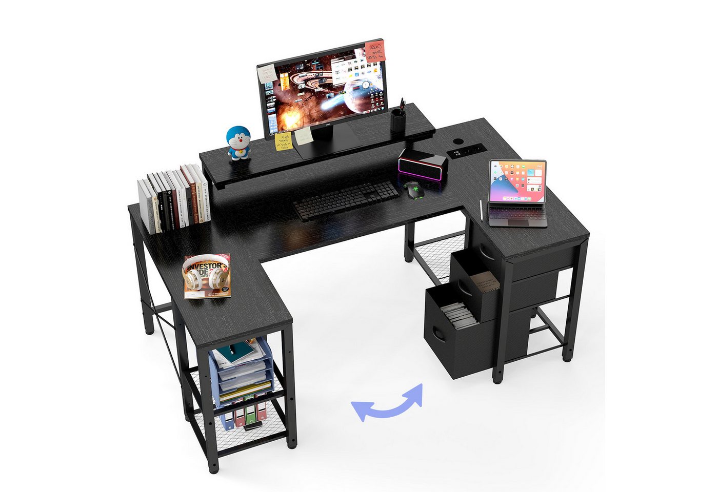 HOMALL Computertisch Eckschreibtisch Reversibel L Förmiger Schreibtisch mit Regal (Die Monitorhalterung ist verstellbar und verfügt über zwei Steckdosen und zwei USB-Anschlüsse, drei Stoffschubladen und drei Gitterablagen. Sie kann links oder rechts angebracht werden) von HOMALL