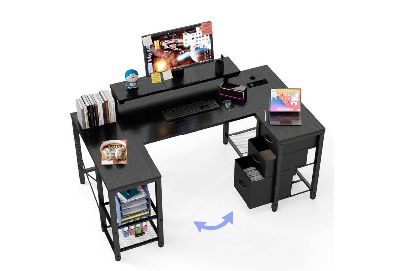 HOMALL Computertisch Eckschreibtisch Reversibel L Förmiger Schreibtisch mit Regal (Die Monitorhalterung ist verstellbar und verfügt über zwei Steckdosen und zwei USB-Anschlüsse, drei Stoffschubladen und drei Gitterablagen. Sie kann links oder rechts angebracht werden) von HOMALL