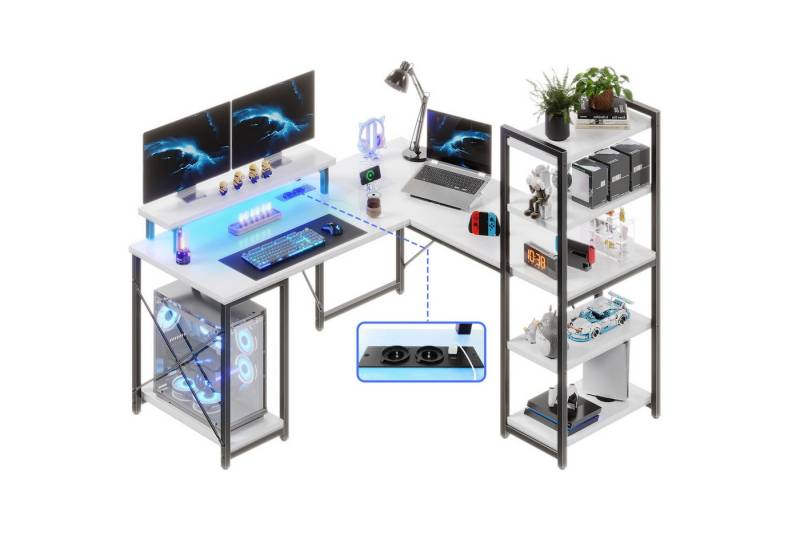 HOMALL Eckschreibtisch Gamingtisch,140cm L-förmiger Computertisch mit Ablage, LED-Licht, Schreibtisch,Gaming Tisch mit 2 Steckdosen und 2 USB Ladeanschluss von HOMALL