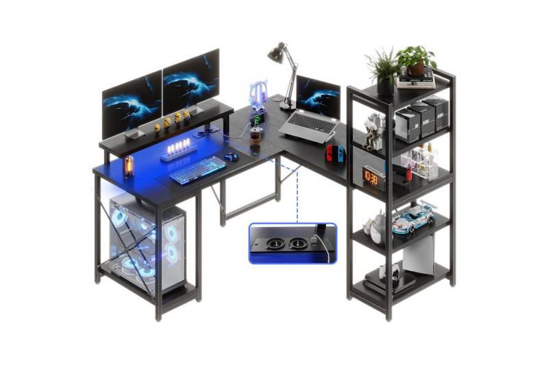 HOMALL Eckschreibtisch Gamingtisch,140cm L-förmiger Computertisch mit Ablage, LED-Licht, Schreibtisch,Gaming Tisch mit 2 Steckdosen und 2 USB Ladeanschluss von HOMALL