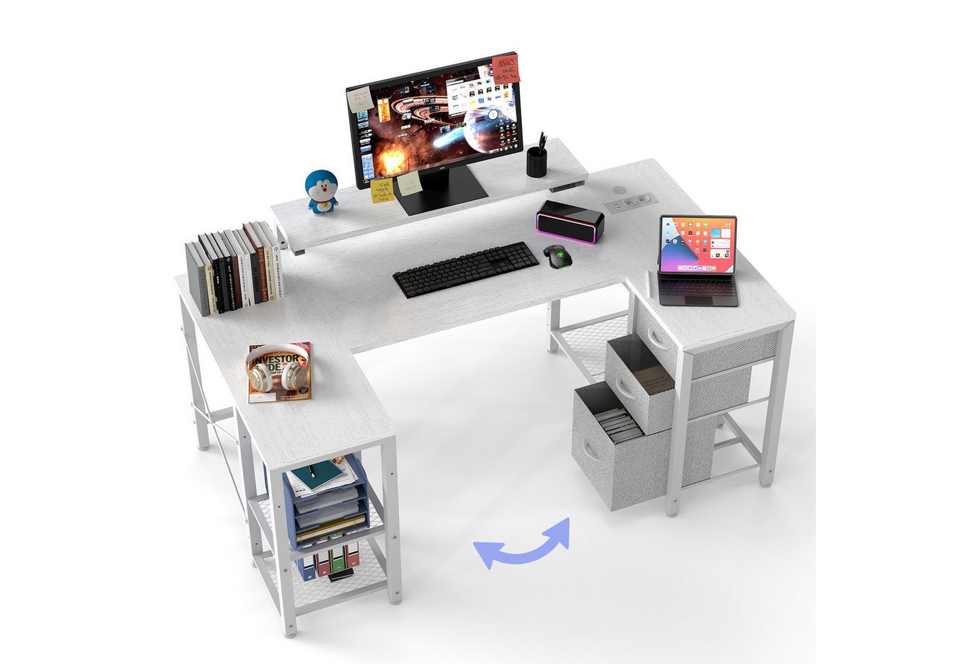 HOMALL Eckschreibtisch 170cm U-förmiger Schreibtisch mit LED-Monitorhalterung Gamingtisch (Die Monitorhalterung ist verstellbar und verfügt über zwei Steckdosen und zwei USB-Anschlüsse, drei Stoffschubladen und drei Gitterablagen. Sie kann links oder rechts angebracht werden) von HOMALL