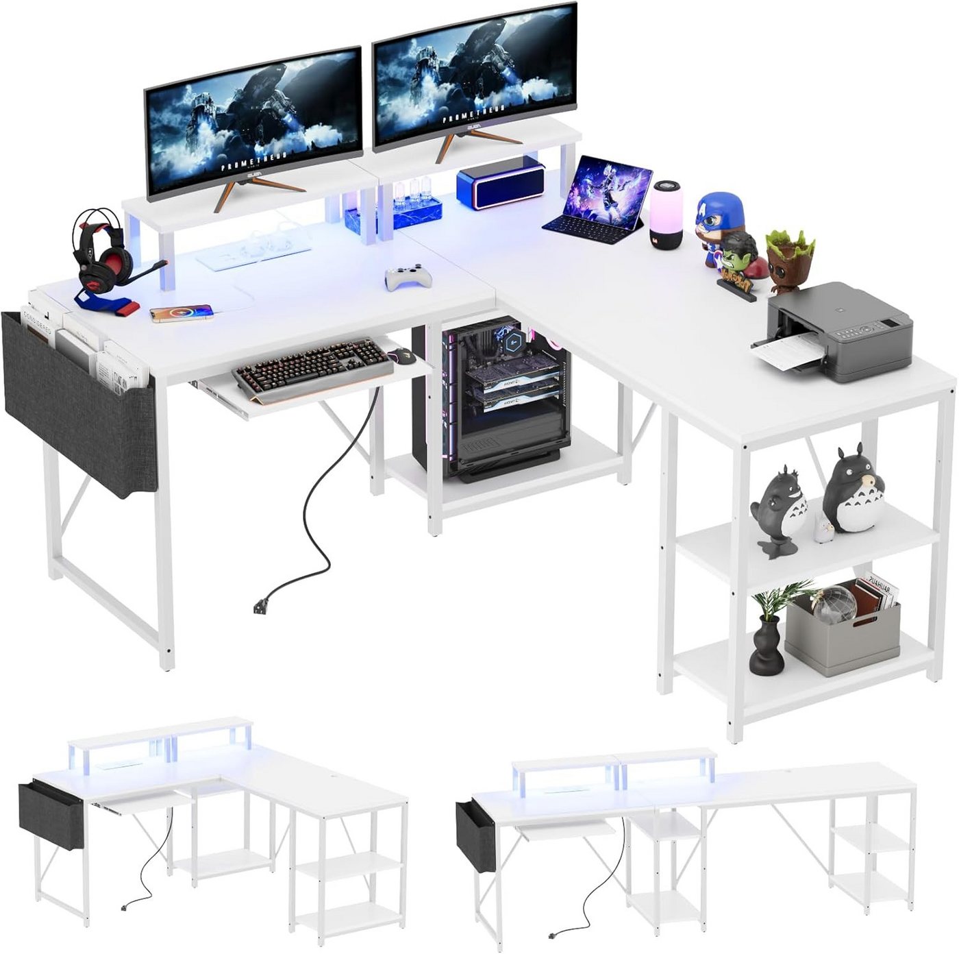 HOMALL Eckschreibtisch Eckschreibtisch Computertisch mit Monitorständer und Tastaturständer (mit RGB LED, Monitorständer & Ablagefach, 2 Steckdosen + 2 USB-Anschlüsse) von HOMALL