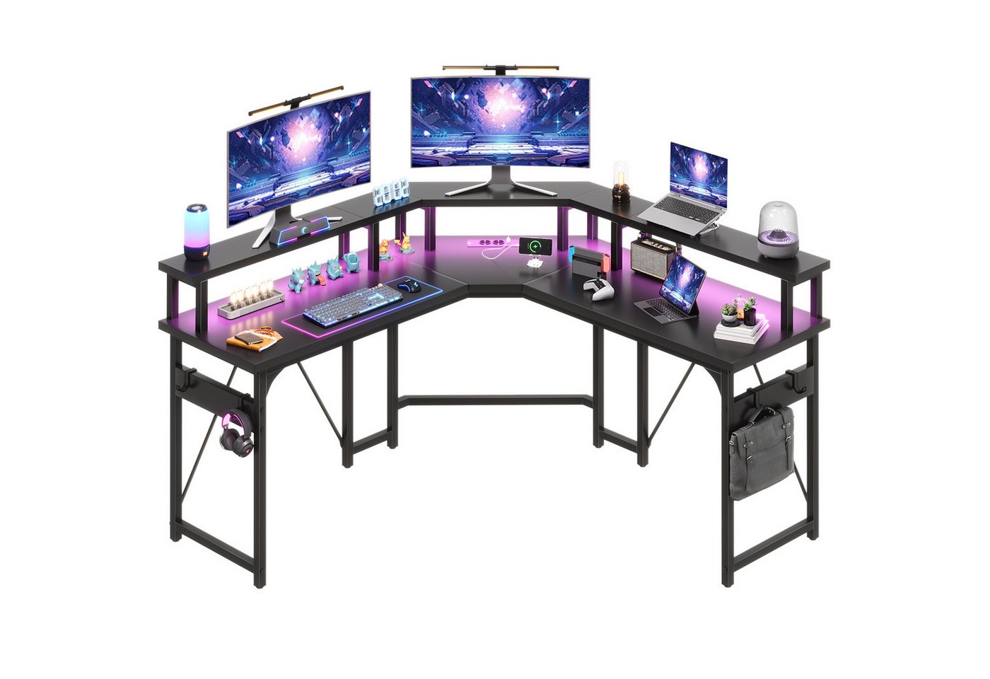 HOMALL Eckschreibtisch Gamingtisch mit LED,Computertisch mit Monitorständer,Steckdosen (Gaming Tisch mit 2 USB-Ladeanschluss und 2 AC-Steckdosen,Schreibtisch mit Haken) von HOMALL