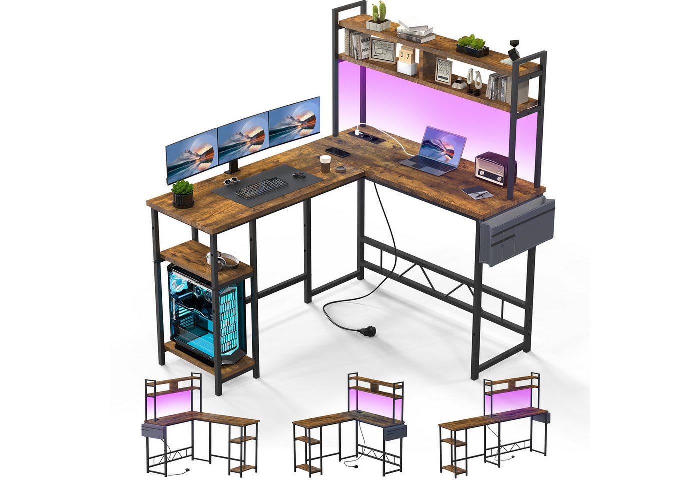 HOMALL Eckschreibtisch L-Form Eckschreibtisch Spieltisch mit RGB-Lichtleiste 140*120cm von HOMALL
