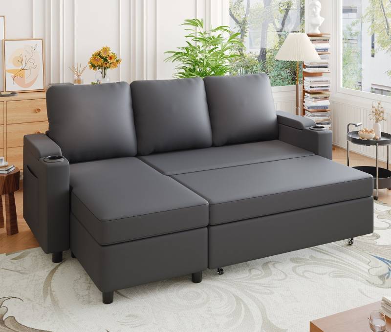HOMALL Ecksofa Multifunktionaler Stauraum Ausziehbares L-förmiges Schlafsofa, Integrierter spritzwassergeschützter Getränkehalter, Seitentaschen, internes Staufach von HOMALL