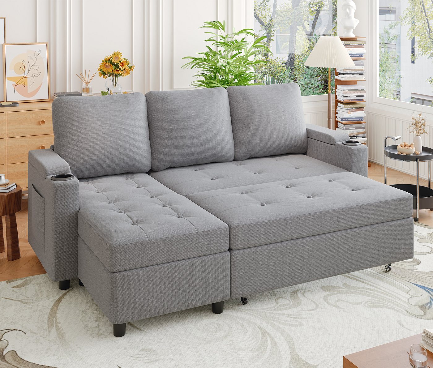 HOMALL Ecksofa Multifunktionaler Stauraum Ausziehbares L-förmiges Schlafsofa, Integrierter spritzwassergeschützter Getränkehalter, Seitentaschen, internes Staufach von HOMALL