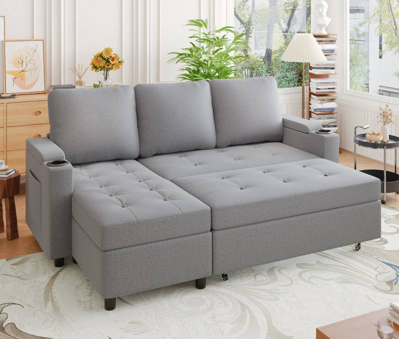 HOMALL Ecksofa Multifunktionaler Stauraum Ausziehbares L-förmiges Schlafsofa, Integrierter spritzwassergeschützter Getränkehalter, Seitentaschen, internes Staufach von HOMALL