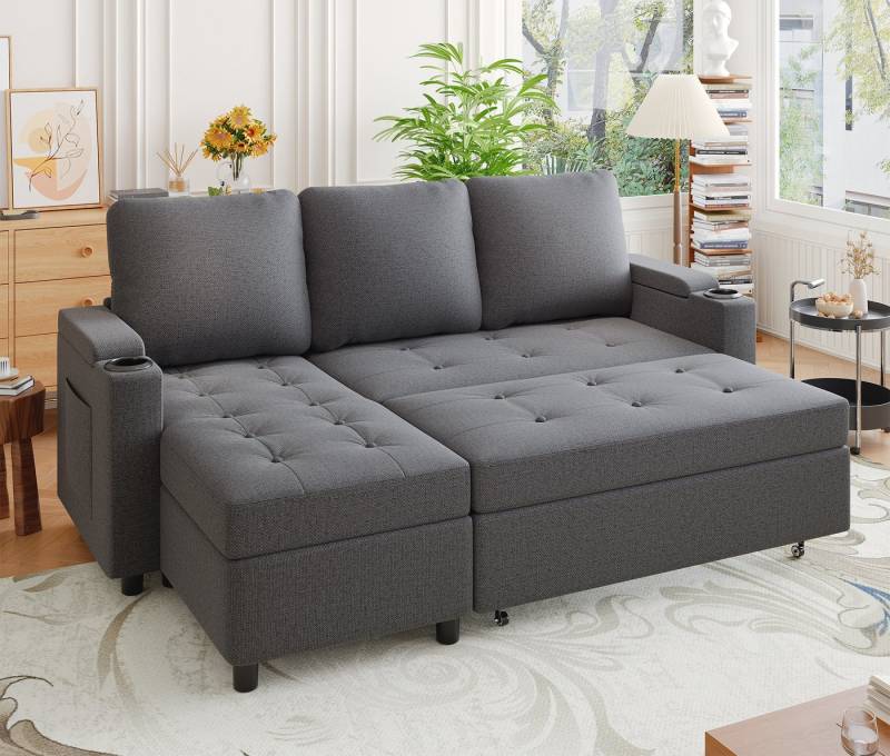 HOMALL Ecksofa Multifunktionaler Stauraum Ausziehbares L-förmiges Schlafsofa, Integrierter spritzwassergeschützter Getränkehalter, Seitentaschen, internes Staufach von HOMALL