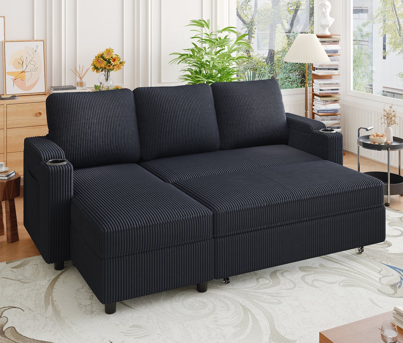 HOMALL Ecksofa Multifunktionaler Stauraum Ausziehbares L-förmiges Schlafsofa, Integrierter spritzwassergeschützter Getränkehalter, Seitentaschen, internes Staufach von HOMALL