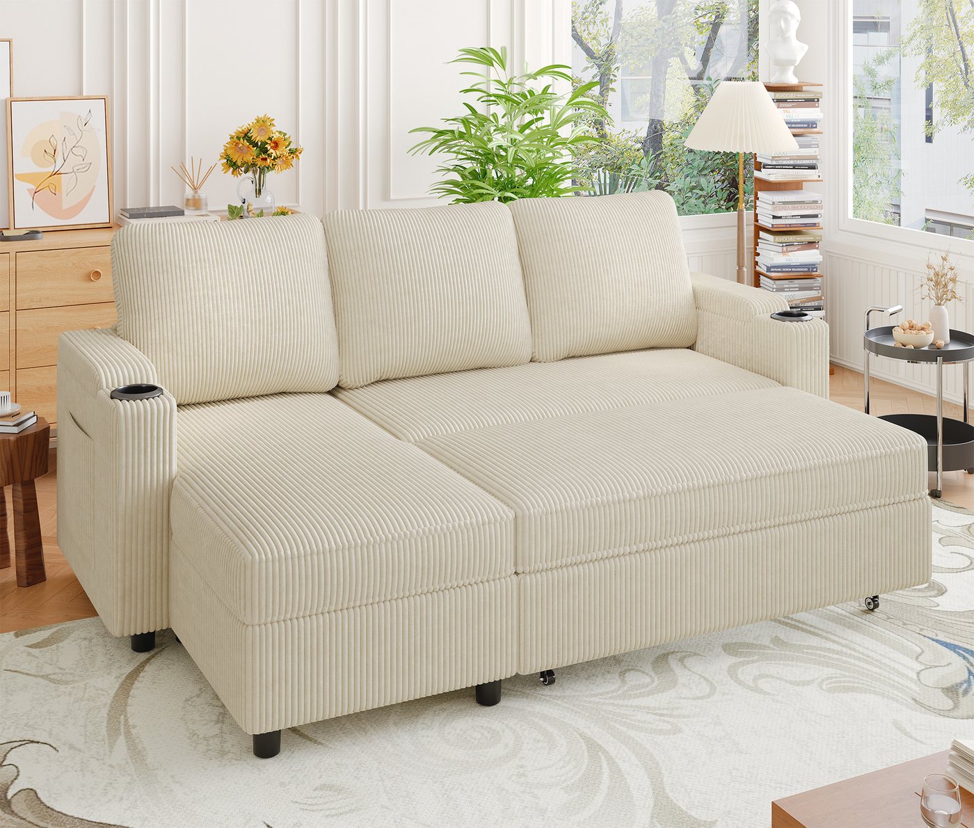 HOMALL Ecksofa Multifunktionaler Stauraum Ausziehbares L-förmiges Schlafsofa, Integrierter spritzwassergeschützter Getränkehalter, Seitentaschen, internes Staufach von HOMALL