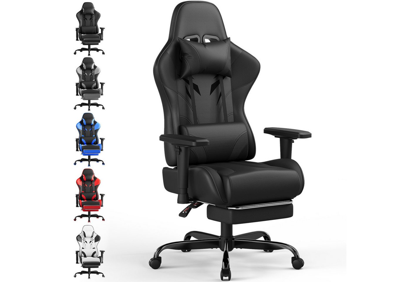 HOMALL Gaming-Stuhl Gaming Stuhl,Kopfstütze, Lendenkissen, Armlehnen, Fußstütze (Verstellbare Armlehnen, großzügig dimensioniertes Sitzkissen, ergonomisch geformte, bequeme Rückenlehne), Ergonomischer Bürostuhl,Kopfstütze und Lendenstütze von HOMALL