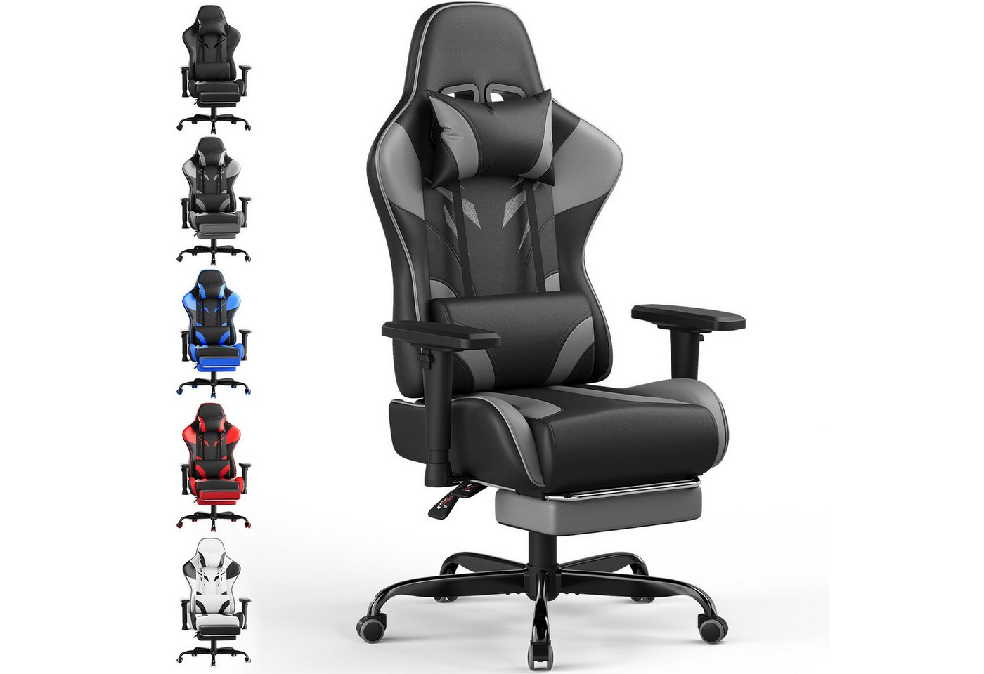 HOMALL Gaming-Stuhl Gaming Stuhl,Kopfstütze, Lendenkissen, Armlehnen, Fußstütze (Verstellbare Armlehnen, großzügig dimensioniertes Sitzkissen, ergonomisch geformte, bequeme Rückenlehne), Ergonomischer Bürostuhl,Kopfstütze und Lendenstütze von HOMALL