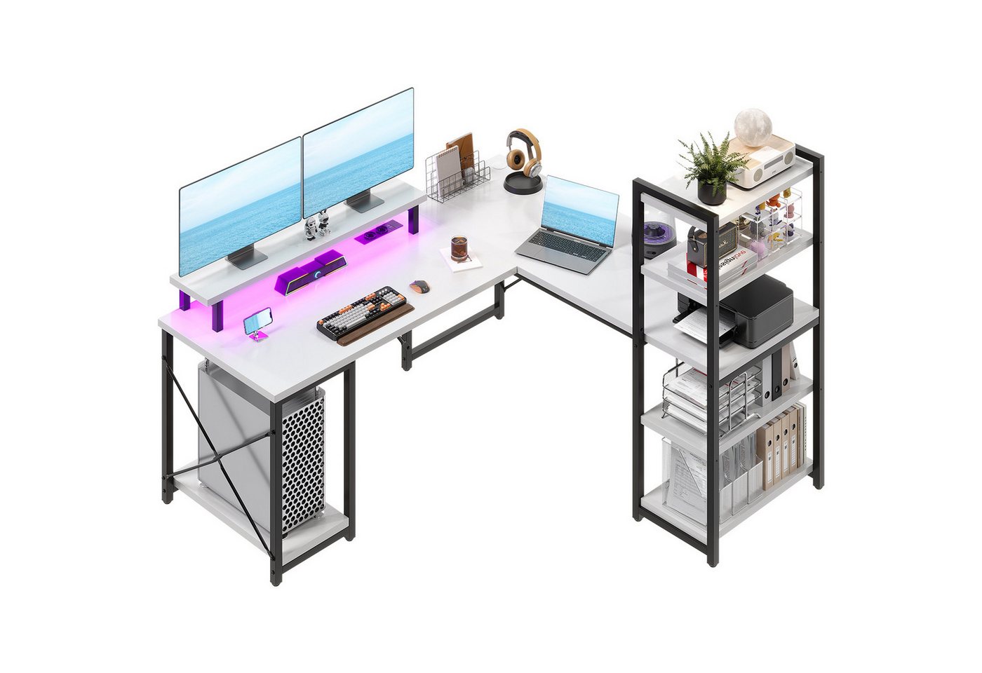 HOMALL Eckschreibtisch 140 Schreibtisch mit 2 Steckdosen und USB,Computertisch, Computertisch,LED,Umrüstbar auf Typ I,Gaming Tisch mit Bücherregalen von HOMALL