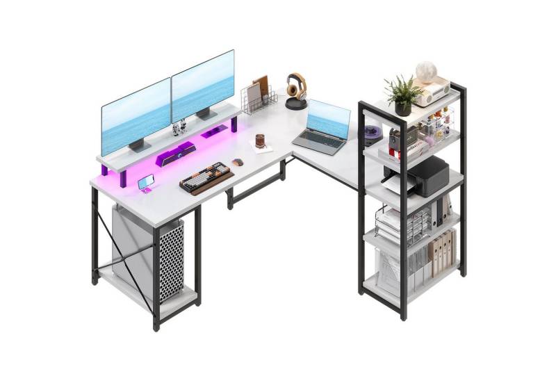 HOMALL Eckschreibtisch 140 Schreibtisch mit 2 Steckdosen und USB,Computertisch, Computertisch,LED,Umrüstbar auf Typ I,Gaming Tisch mit Bücherregalen von HOMALL