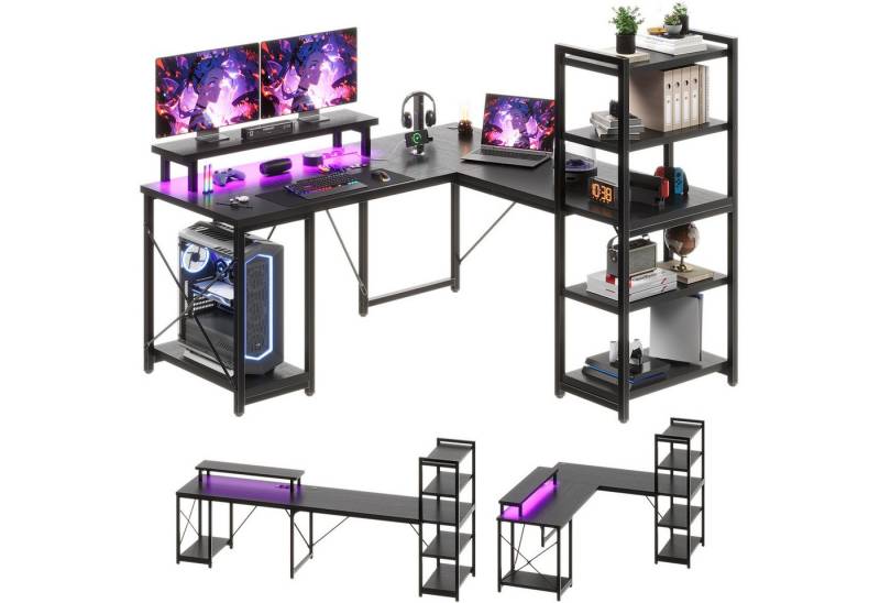 HOMALL Gamingtisch 140*75.5CM L-förmiger Spieltisch mit 2 Steckdosen und USB-Anschluss (Eckschreibtisch in Übergröße, Computertisch, Arbeitstisch mit mehrstufigen Ablagen und Staufächern, Konsolen) von HOMALL
