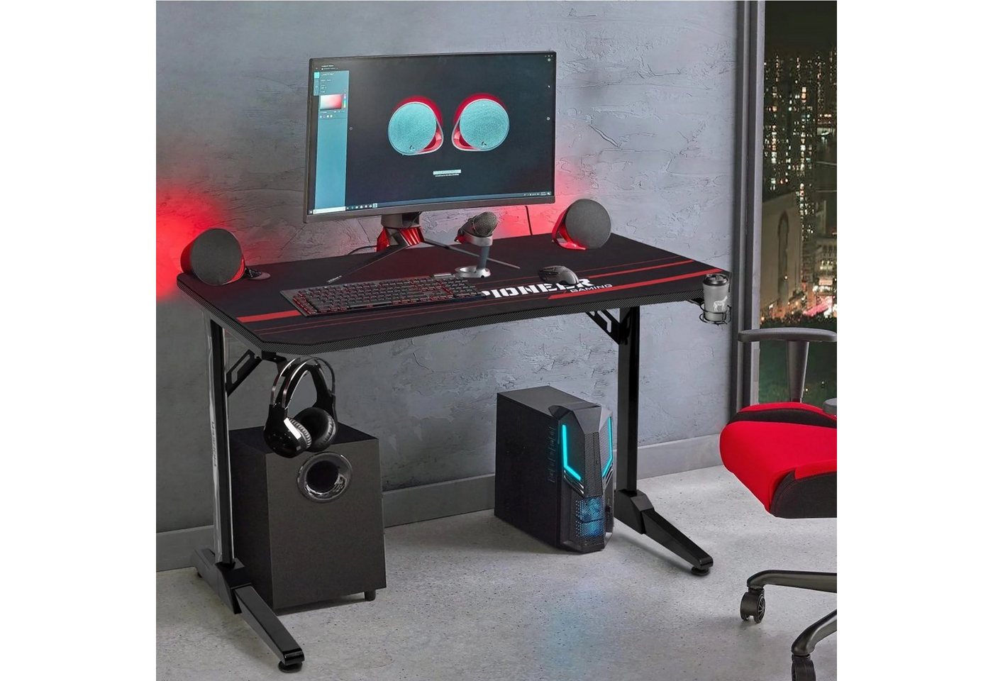 HOMALL Gamingtisch 140 cm Computer Schreibtisch Gamer Tisch Schwarz, rot, blau von HOMALL