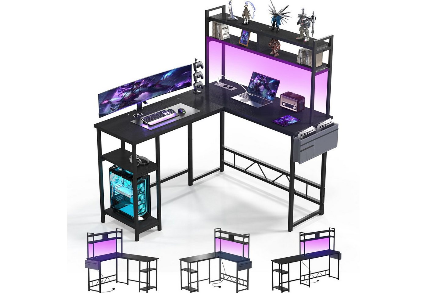 HOMALL Gamingtisch Schreibtisch mit LED und USB L-förmiger Ecktisch 140 * 120cm von HOMALL