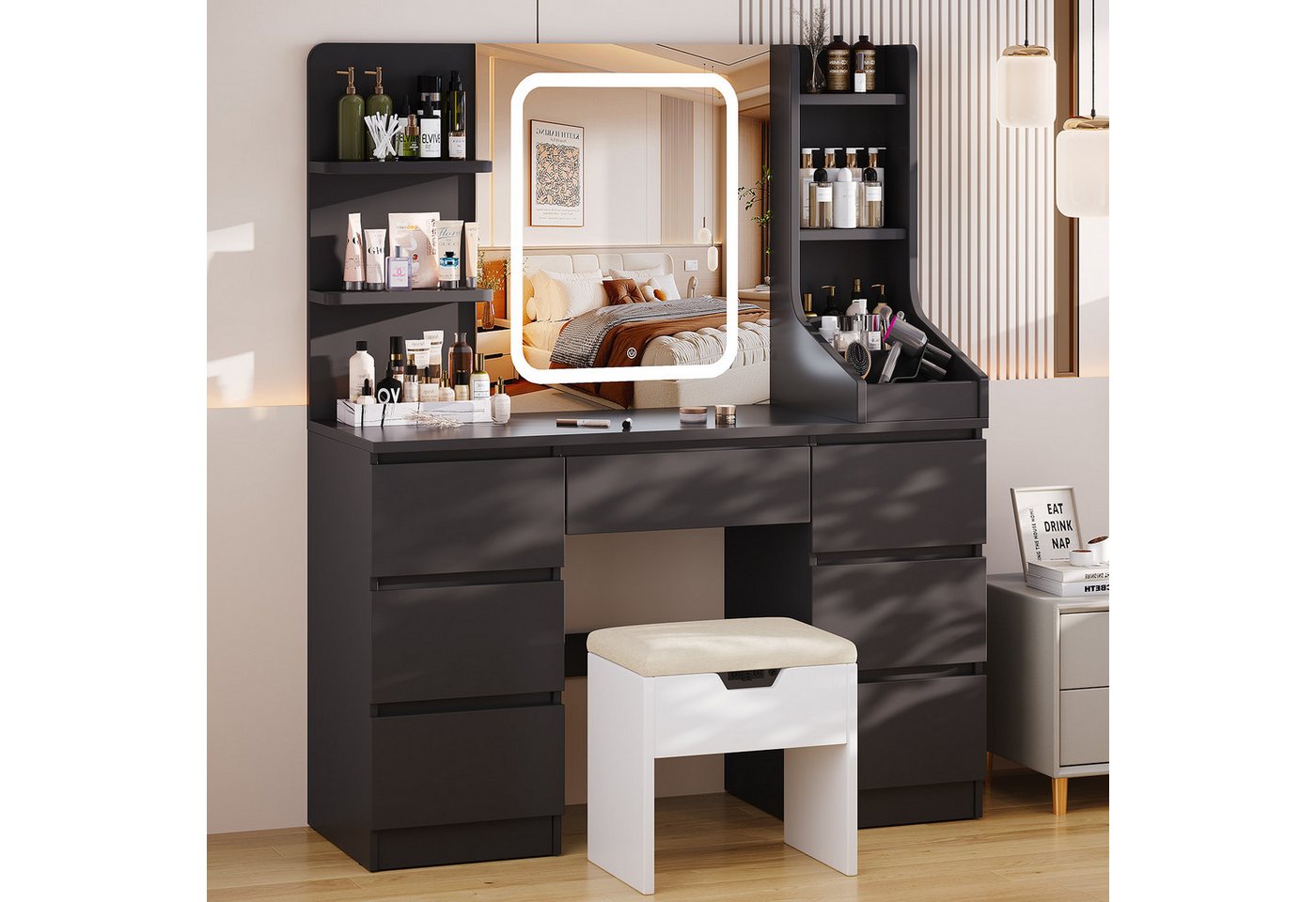 HOMALL Schminktisch Eingebaute LED-Beleuchtung, einstellbare Helligkeit, mit 7 Schubladen (Große Größe 110*40*139cm Bestes Geschenk für Ehefrau/Tochter) von HOMALL