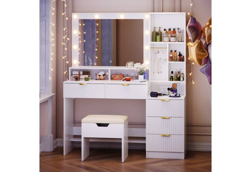 HOMALL Schminktisch LED-beleuchteter Schminktisch mit Hocker und Schubladen (Maße: 114 × 40 × 149 cm Schminktisch mit 5 Schubladen, 7 offenen Ablagefächern und 12 Schmuckhaken) von HOMALL