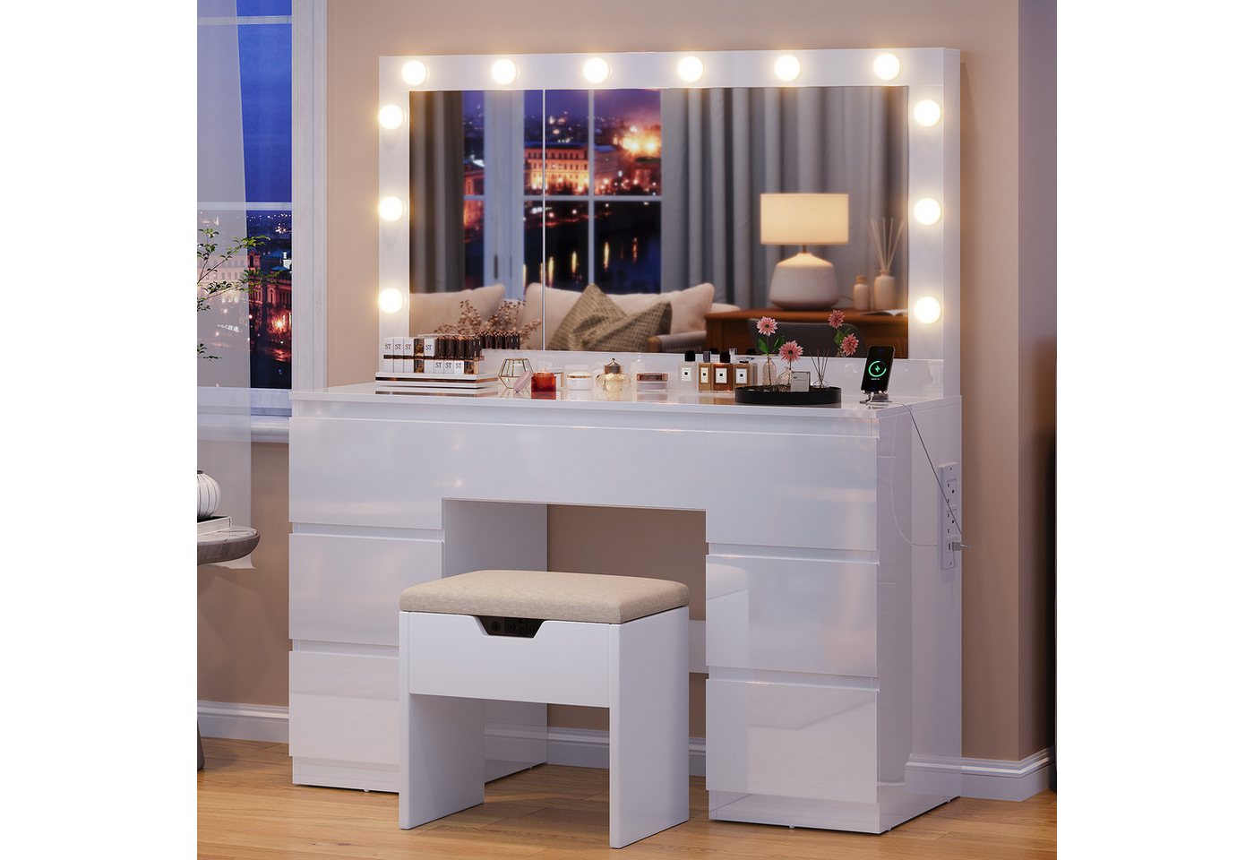 HOMALL Schminktisch Großer Schminktisch, Maße 120 x 40 x 140 cm, mit Schmuckschrank (LED-Beleuchtung und Steckdosen, großer Spiegel 105 cm, mit 7 Schubladen, optionaler Hocker) von HOMALL