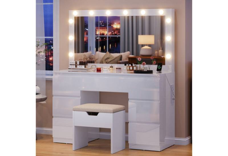 HOMALL Schminktisch Großer Schminktisch, Maße 120 x 40 x 140 cm, mit Schmuckschrank (LED-Beleuchtung und Steckdosen, großer Spiegel 105 cm, mit 7 Schubladen, optionaler Hocker) von HOMALL