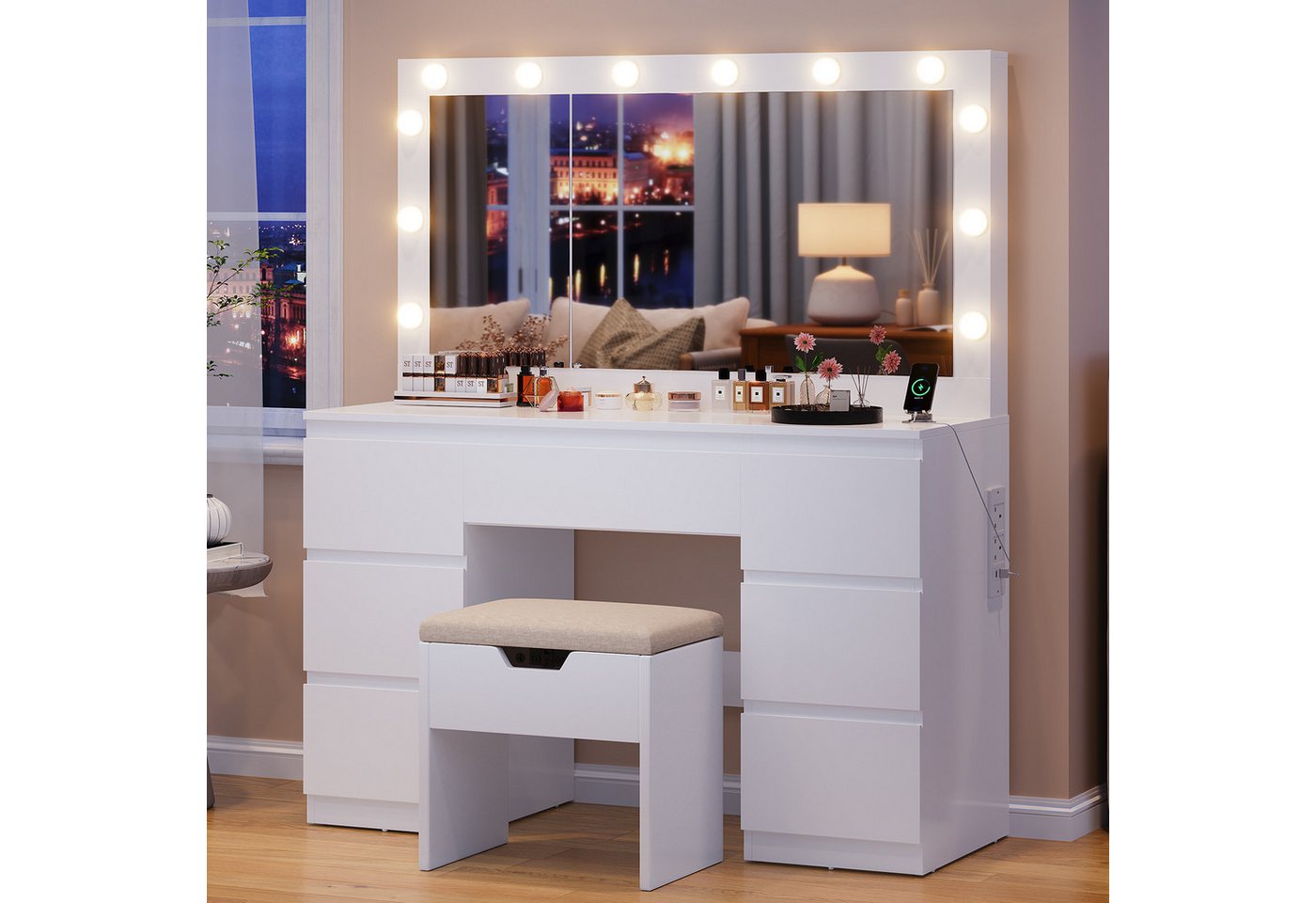 HOMALL Schminktisch Großer Schminktisch, Maße 120 x 40 x 140 cm, mit Schmuckschrank (LED-Beleuchtung und Steckdosen, großer Spiegel 105 cm, mit 7 Schubladen, optionaler Hocker) von HOMALL