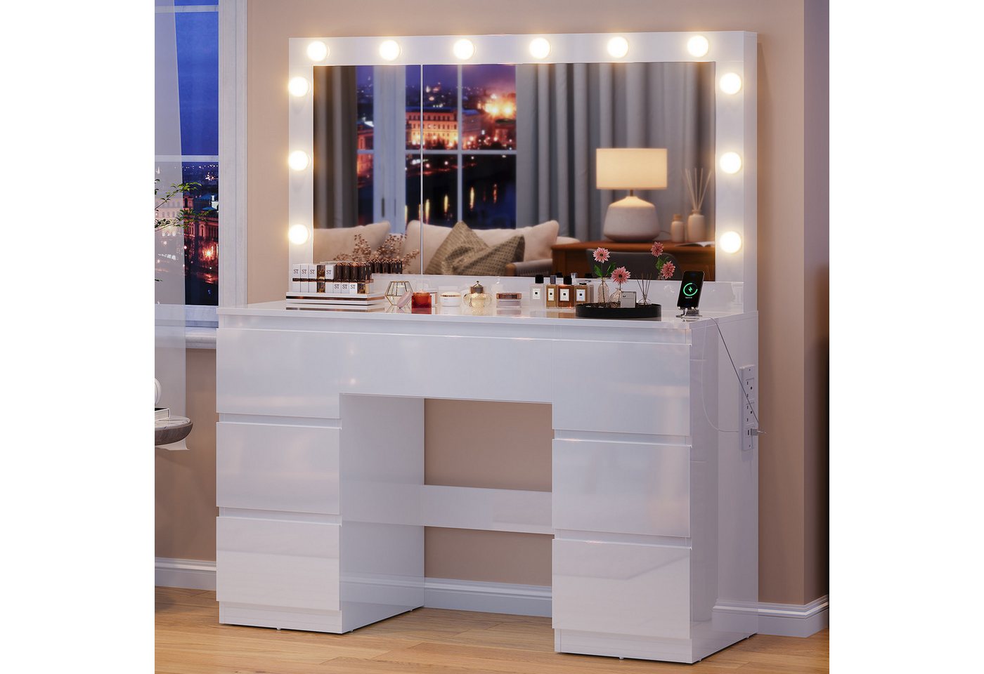 HOMALL Schminktisch Großer Schminktisch, Maße 120 x 40 x 140 cm, mit Schmuckschrank (LED-Beleuchtung und Steckdosen, großer Spiegel 105 cm, mit 7 Schubladen, optionaler Hocker) von HOMALL