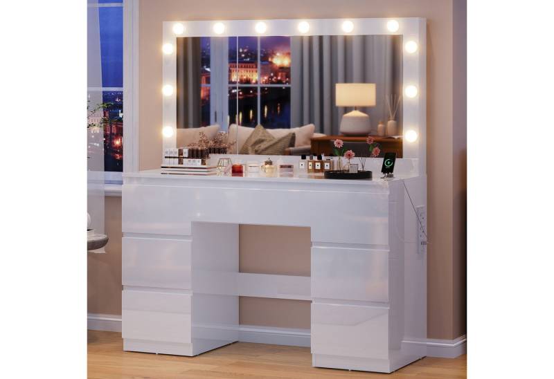 HOMALL Schminktisch Großer Schminktisch, Maße 120 x 40 x 140 cm, mit Schmuckschrank (LED-Beleuchtung und Steckdosen, großer Spiegel 105 cm, mit 7 Schubladen, optionaler Hocker) von HOMALL