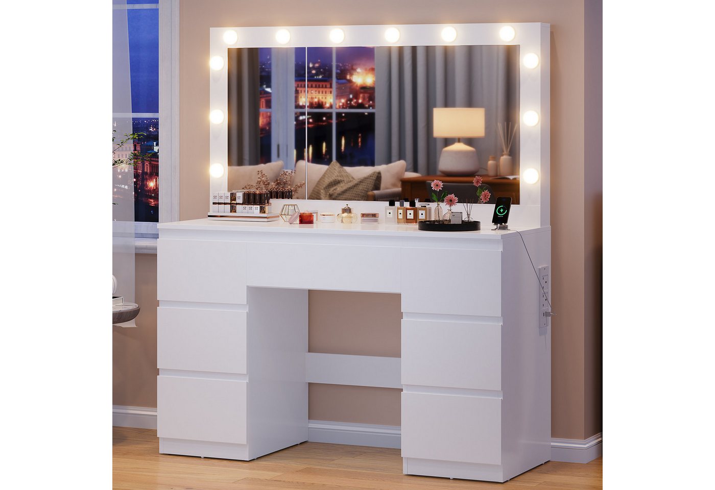 HOMALL Schminktisch Großer Schminktisch, Maße 120 x 40 x 140 cm, mit Schmuckschrank (LED-Beleuchtung und Steckdosen, großer Spiegel 105 cm, mit 7 Schubladen, optionaler Hocker) von HOMALL