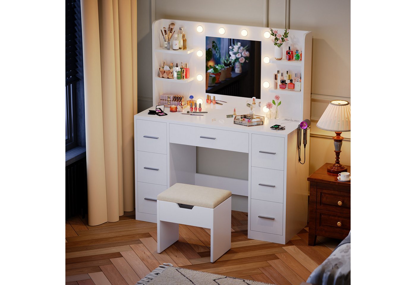 HOMALL Schminktisch Mit Spiegel LED-Beleuchtung Mit 7 Schubladen 4 Fächer (Extra großes Format 110*40*137 cm mit 2 Steckdosen, 2 USB-Anschlüssen, 1 Haartrocknerhalterung, erhältlich in zwei Farben (ohne Hocker) von HOMALL
