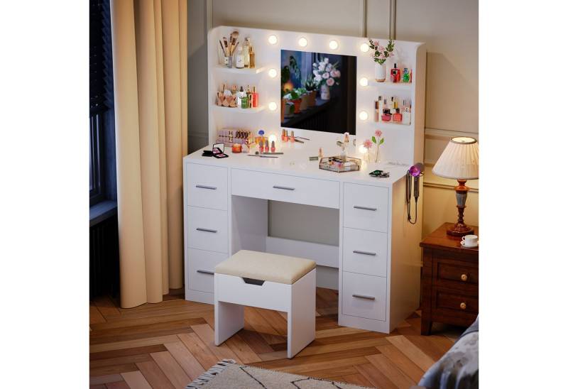 HOMALL Schminktisch Mit Spiegel LED-Beleuchtung Mit 7 Schubladen 4 Fächer (Extra großes Format 110*40*137 cm mit 2 Steckdosen, 2 USB-Anschlüssen, 1 Haartrocknerhalterung, erhältlich in zwei Farben (ohne Hocker) von HOMALL