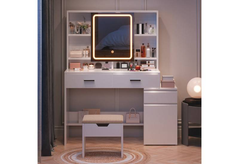 HOMALL Schminktisch Mit Spiegel und dreifarbigem LED-Licht 3 Schubladen 8 Ablagefächer (L*B*H) 117.5*40*140.5cm Moderner, minimalistischer Stil Reichlich Stauraum Stabile und langlebige Konstruktion) von HOMALL