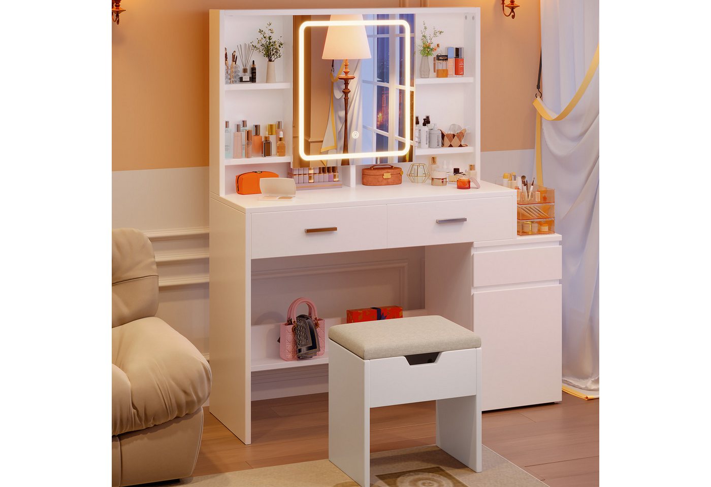 HOMALL Schminktisch Mit dreifarbiger LED-Beleuchtung Weiß Mit 8 Fächern 3 Schubladen (117,5*40*140,5cm Aufbewahrung und Organisation Geeignet für Schlafzimmer, Umkleideräume und Schminkstudios) von HOMALL