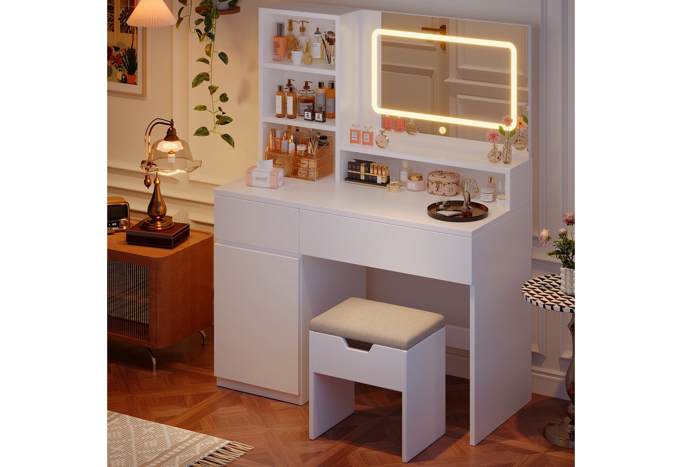 HOMALL Schminktisch Mit integrierten LED-Leuchten, einstellbare Helligkeit und Temperatur (Produktabmessungen: 90 × 40 × 135 cm Mit 5 offenen Ablagefächern + 2 Schubladen + 1 doppelstöckigem Schrank) HOMALL Schminktisch Mit integrierten LED-Leuchten, einstellbare Helligkeit und Temperatur (Produktabmessungen: 90 × 40 × 135 cm Mit 5 offenen Ablagefächern + 2 Schubladen + 1 doppelstöckigem Schrank) von HOMALL