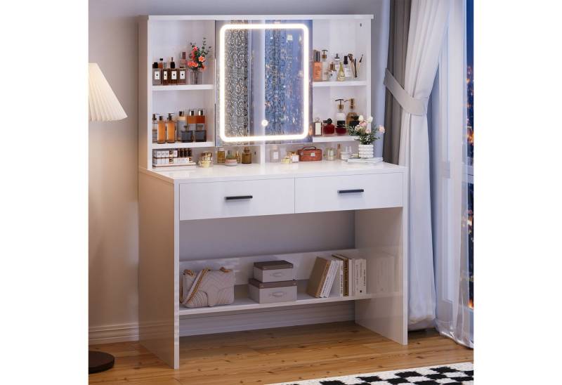 HOMALL Schminktisch Schminktisch mit Spiegel und LED 2 Schubladen und 6 Ablagefächer (Dreifarbiges Einbau-Lichtband mit Unterbau-Tretplatte Kostengünstige Wahl) von HOMALL