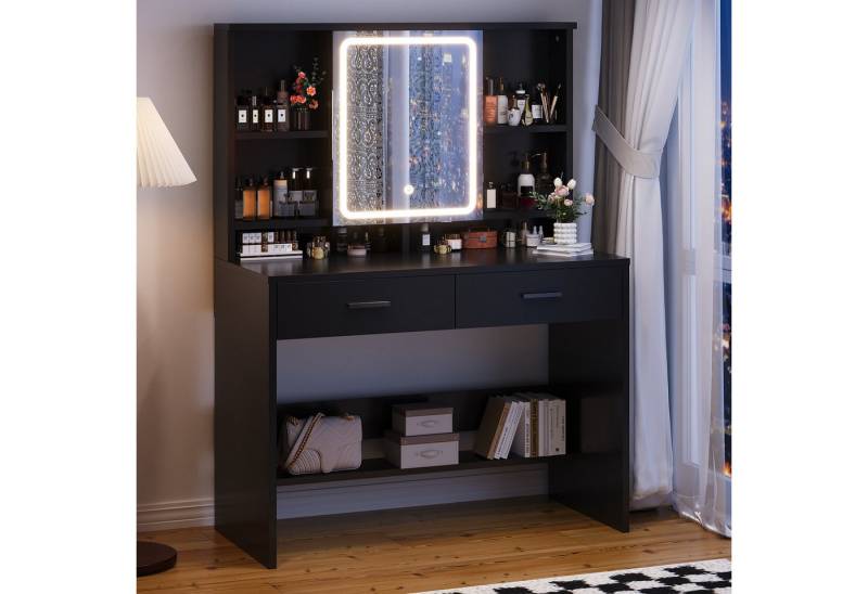 HOMALL Schminktisch Schminktisch mit Spiegel und LED 2 Schubladen und 6 Ablagefächer (Dreifarbiges Einbau-Lichtband mit Unterbau-Tretplatte Kostengünstige Wahl) von HOMALL
