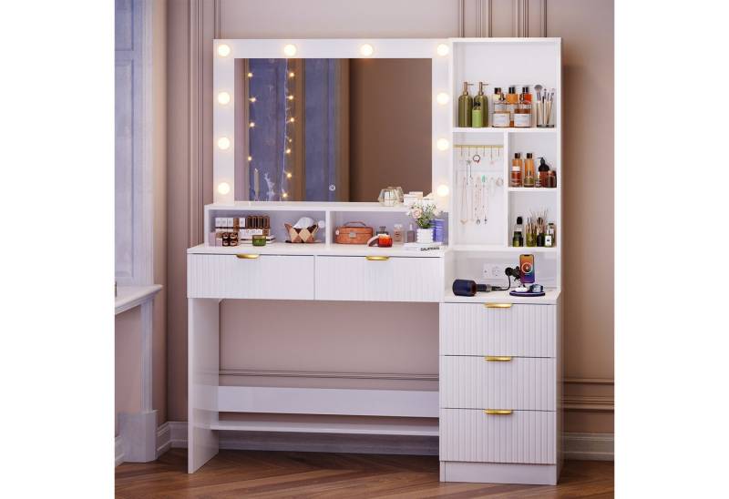 HOMALL Schminktisch Vertikale Streifen mit 5 Schubladen und 7 offenen Fächern (Mit 2 Euro-Steckdosen + 1 USB-Anschluss + 1 Typ-C-Anschluss) von HOMALL