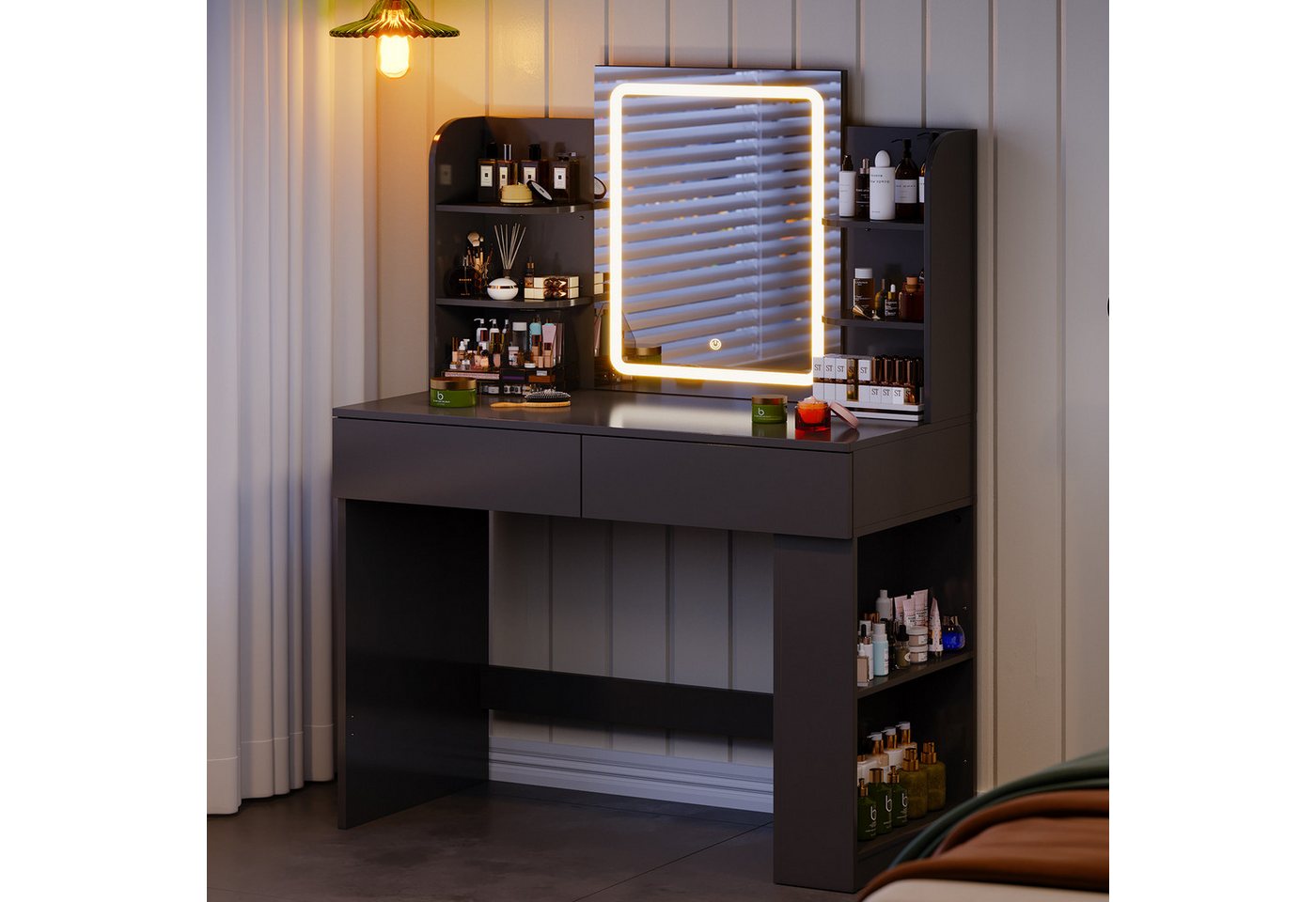 HOMALL Schminktisch mit Spiegel, LED-Beleuchtung, einstellbare Helligkeit, 2 Schubladen (L*B*H) 90*40*135 cm 8 offene Fächer (2 Seitenfächer können von links nach rechts umgestellt werden) 2 große Schubladen) von HOMALL
