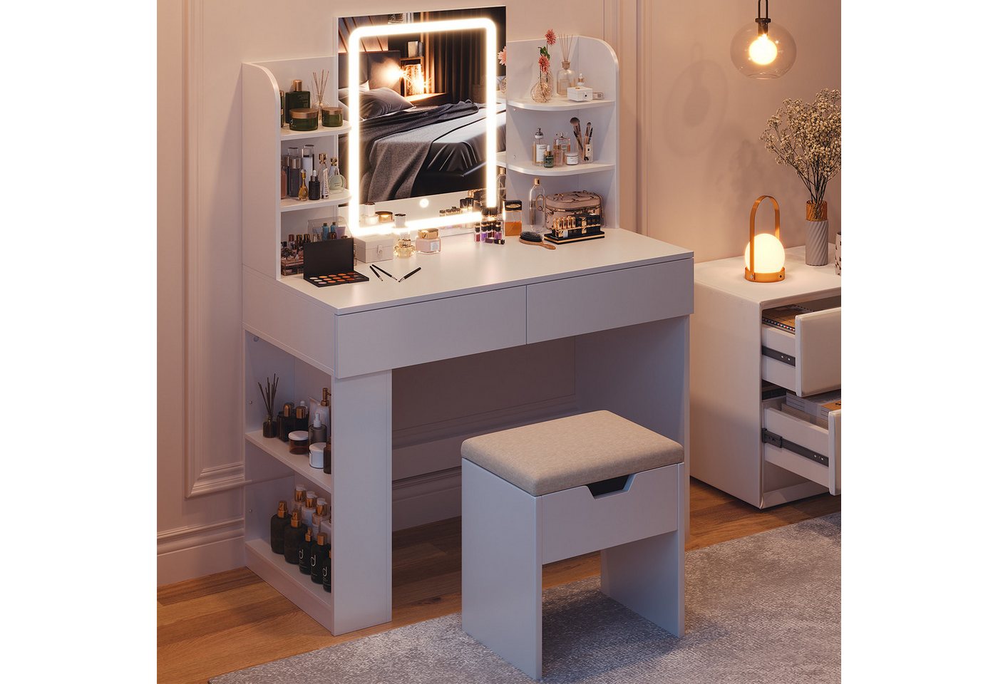 HOMALL Schminktisch mit Spiegel, LED-Beleuchtung, einstellbare Helligkeit, 2 Schubladen (L*B*H) 90*40*135 cm 8 offene Fächer (2 Seitenfächer können von links nach rechts umgestellt werden) 2 große Schubladen) von HOMALL