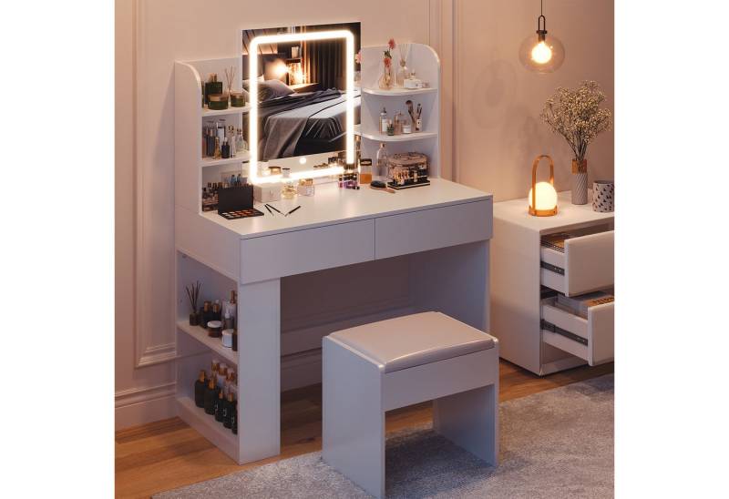 HOMALL Schminktisch mit LED-Beleuchtung, einstellbare Helligkeit, mit 2 Schubladen (L*B*H) 90*40*135 cm 8 offene Fächer (2 Seitenfächer können von links nach rechts umgestellt werden) 2 große Schubladen) von HOMALL