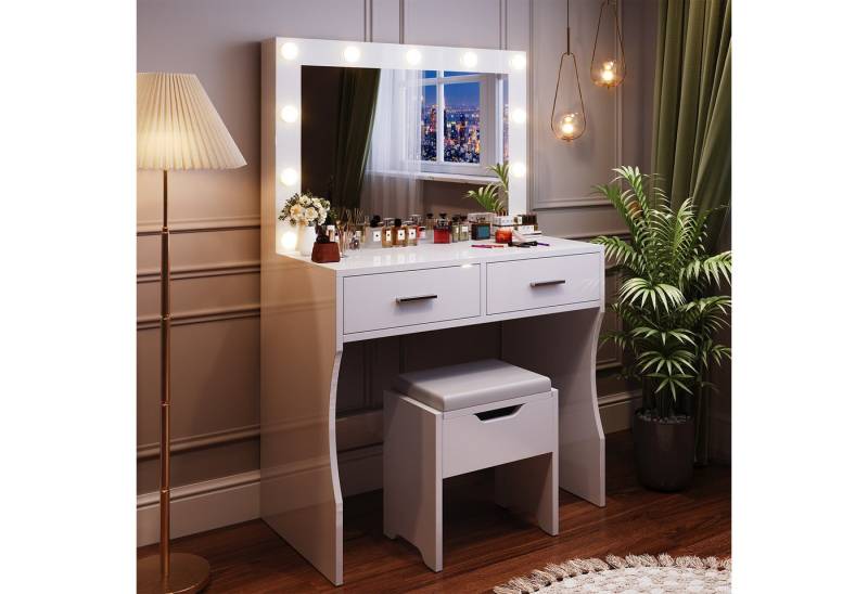 HOMALL Schminktisch mit LED-Beleuchtung,12 Lichtkugeln,einstellbare Helligkeit,mit Spiegel (90 x 40 x 137 cm, drei Helligkeitsstufen einstellbar,mit Hocker, Hocker mit Stauraum) von HOMALL