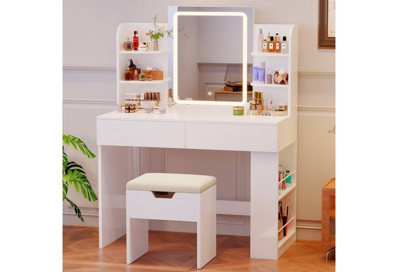 HOMALL Schminktisch mit Spiegel, LED-Beleuchtung, einstellbare Helligkeit, 2 Schubladen (L*B*H) 90*40*135 cm 8 offene Fächer (2 Seitenfächer können von links nach rechts umgestellt werden) 2 große Schubladen) von HOMALL